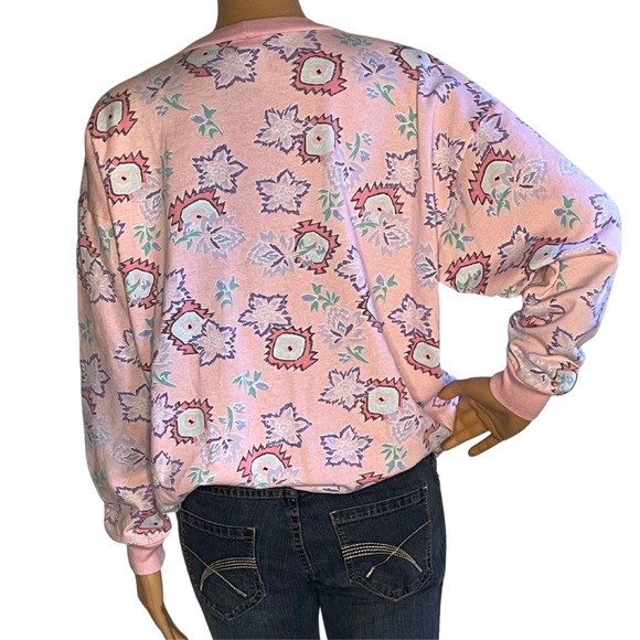 Vintage 80s 90s Pink Geometric Floral Sweatshirt Size Small - Picture 5 of 7